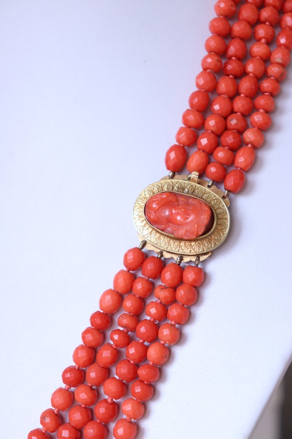 Antique Faceted  Coral Necklace 4 Rows Carved Cam… - image 7