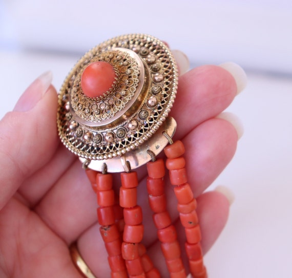 Vintage Five Row Coral Choker Necklace 14k Gold C… - image 3