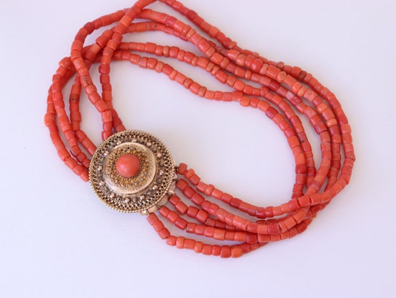 Vintage Five Row Coral Choker Necklace 14k Gold C… - image 2