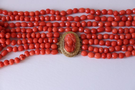 Antique Faceted  Coral Necklace 4 Rows Carved Cam… - image 9