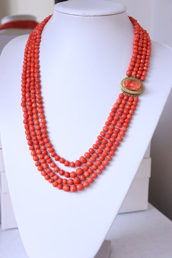 Antique Faceted  Coral Necklace 4 Rows Carved Cam… - image 6