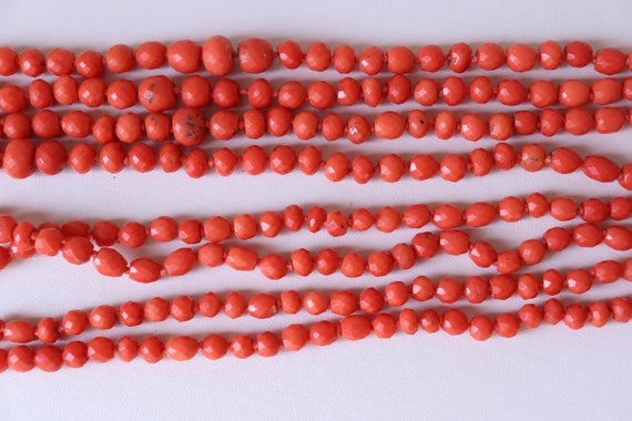 Antique Faceted  Coral Necklace 4 Rows Carved Cam… - image 10