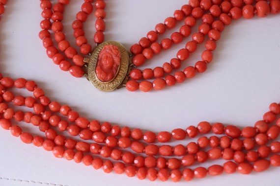 Antique Faceted  Coral Necklace 4 Rows Carved Cam… - image 5
