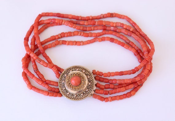 Vintage Five Row Coral Choker Necklace 14k Gold C… - image 1