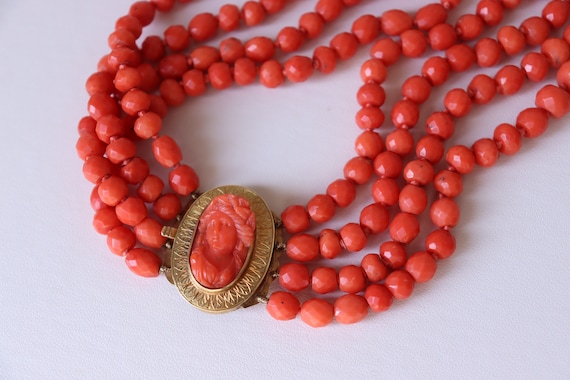 Antique Faceted  Coral Necklace 4 Rows Carved Cam… - image 3