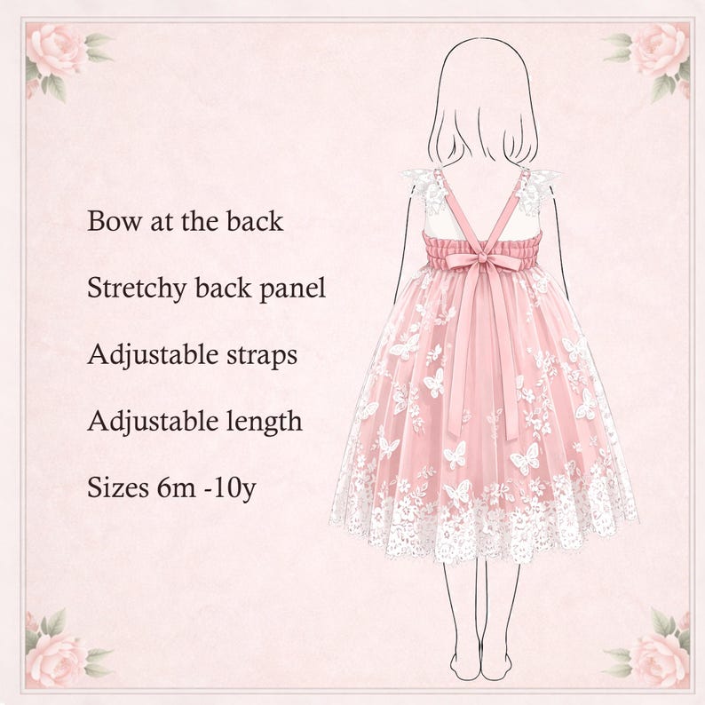 Patrón de costura para vestido de mariposa en PDF, corte imperio, para niñas de 6 meses a 10 años imagen 4