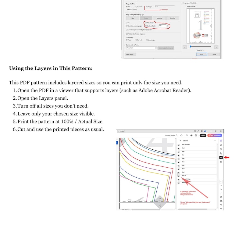 May include: A computer screen displays a PDF pattern with instructions on using layers for printing. The text includes steps for printing at 100% actual size. A diagram shows the layers panel and a pattern outline.