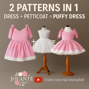 Op de afbeelding: Afbeelding toont een roze en witte gingham jurk met een witte petticoat, en de resulterende poffende jurk. De tekst luidt "2 patronen in 1" en "Jurk + Petticoat = Puffy Jurk". De jurk wordt op een houten standaard getoond.