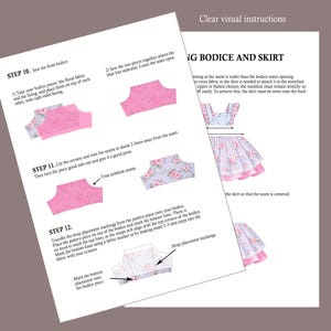 May include: A sewing instruction sheet featuring diagrams for constructing a bodice and skirt. The document includes text steps 10, 11, and 12, illustrating floral and pink fabric pieces, armhole seams, and strap placement markings for a garment.