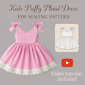 Peut inclure: Robe enfant rose et blanche à carreaux vichy, avec une jupe bouffante et une bordure en dentelle blanche. La robe a des nœuds aux épaules et est un patron de couture PDF. L'image comprend un dessin au trait de la robe et une icône de tutoriel vidéo.