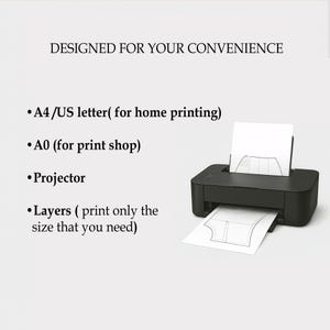 May include: A black printer with white paper outputting a design. Text reads: "DESIGNED FOR YOUR CONVENIENCE", with options for printing: A4/US letter, A0, Projector, and Layers.