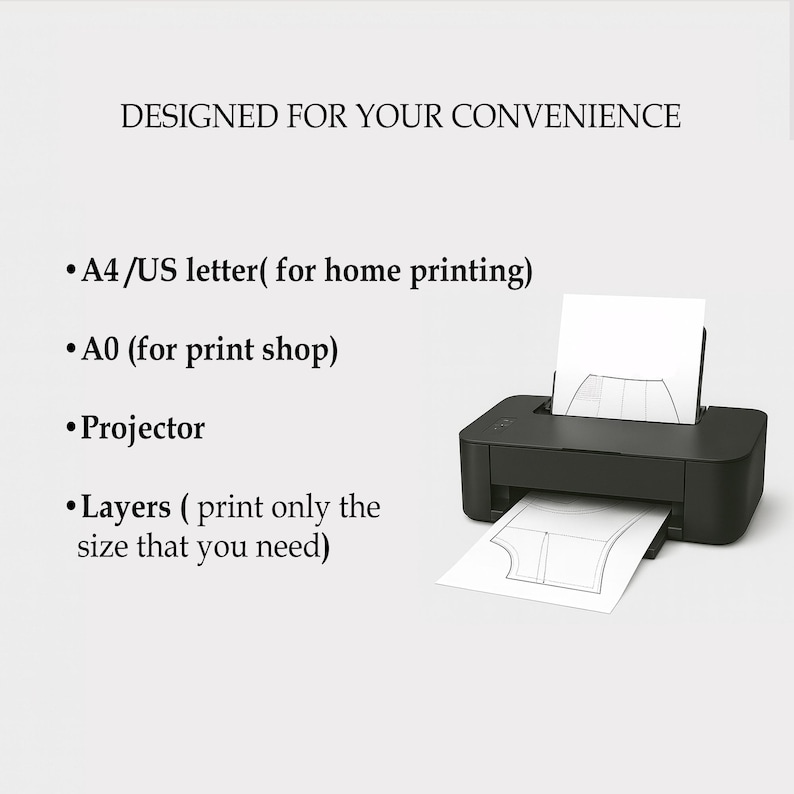 May include: A black printer with white paper outputting a design. Text reads: "DESIGNED FOR YOUR CONVENIENCE", with options for printing: A4/US letter, A0, Projector, and Layers.