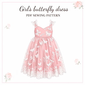 Patrón de costura para vestido de mariposa en PDF, corte imperio, para niñas de 6 meses a 10 años imagen 1