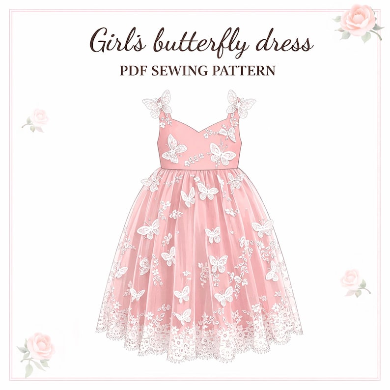 Patrón de costura para vestido de mariposa en PDF, corte imperio, para niñas de 6 meses a 10 años imagen 1