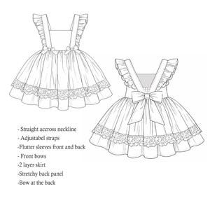 May include: Line drawing of a dress with a straight neckline, adjustable straps, and flutter sleeves. Features include front bows, a two-layer skirt, and a stretchy back panel. The dress has a bow at the back and lace trim.