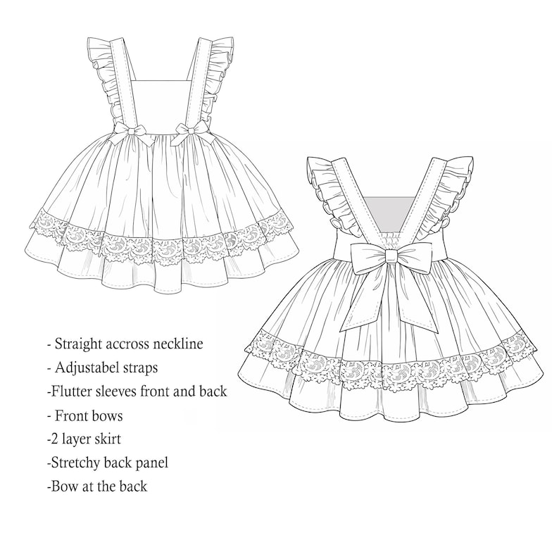 May include: Line drawing of a dress with a straight neckline, adjustable straps, and flutter sleeves. Features include front bows, a two-layer skirt, and a stretchy back panel. The dress has a bow at the back and lace trim.