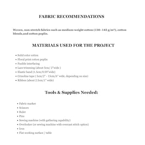 May include: A white page with black text detailing fabric recommendations, materials, and tools needed for a sewing project. The text includes fabric types, measurements in inches and grams, and a list of supplies like scissors and a sewing machine.