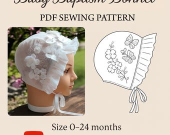 Baby baptism bonnet sewing Pattern PDF 0–24 Months. Lace hat pattern and tutorial
