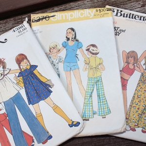 Set of 3 Vintage 1970s Girls Sewing Patterns, Butterick 4281 and 4386, Simplicity 6370 Bell Bottoms, Tops, Shorts, and a Dress