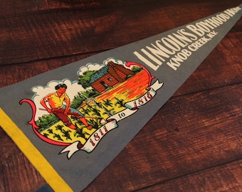 Vintage Lincoln's Boyhood Home Knob Creek, KY Wool Pennant, Louisiana Souvenir, Vintage Souvenir Pennant, Travel Pennant, Retro Pennant