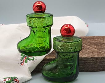 Antyczna butelka wody kolońskiej Avon Christmas Surprise Sweet Honesty, pusta zielona szklana butelka perfum w świątecznej skarpecie