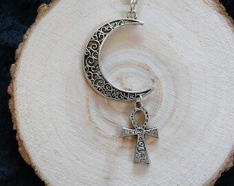 Collar de media luna, collar ankh, collar gótico, magia, vikingo, cruz egipcia, collar de luna, wicca, bruja, niña, h