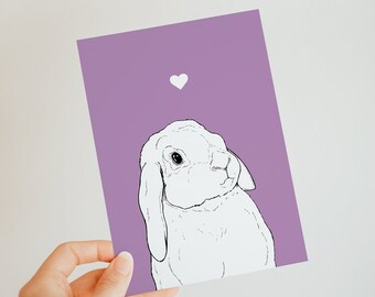 Standing Lop Ear Bunny A6 Card - cute bunny card - blank inside - rabbit card - for rabbit lovers - purple - lapin - rabbit drawing - animal