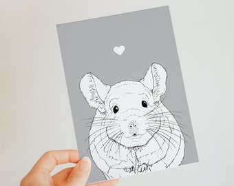 Chinchilla A6 Card - card for chinchilla lovers - blank inside - cute pet - sweet - grey card - any occasion - neutral - monochrome