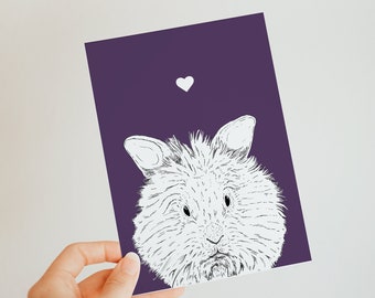 Lionhead Rabbit A6 Card - cute blank card - cute bunny card - for bunny lovers - animal lover - purple card - any occasion - rabbit drawing