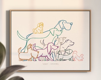 A3 'Walkies' Dog Print- Digital Illustration Art Work - Gift for Dog Lovers - Cute Art Print - Terrier - Great Dane - Chihuahua - Whippet