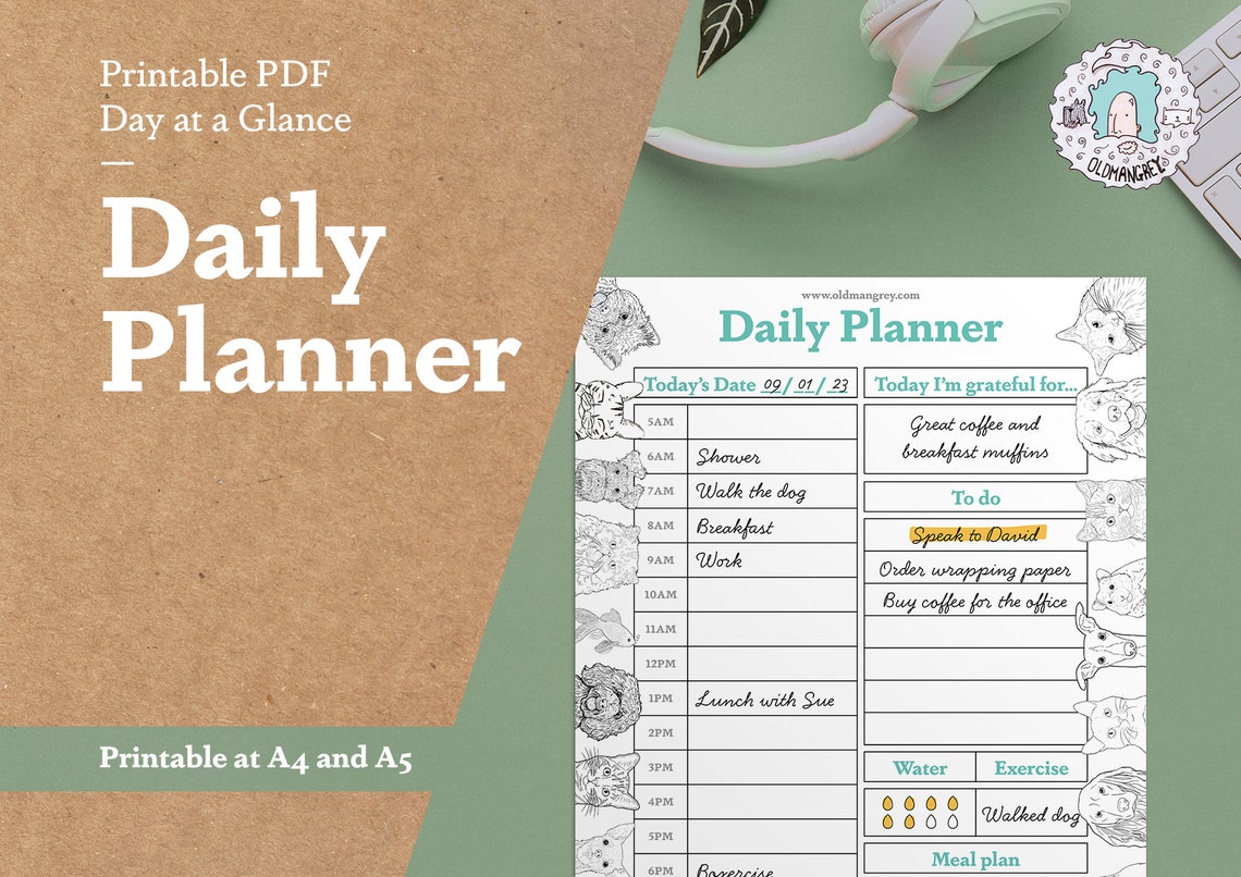 Day at a Glance Printable Planner Digital Download Undated Cute Animal ...