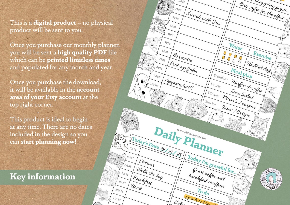 Day at a Glance Printable Planner Digital Download Undated Cute Animal ...
