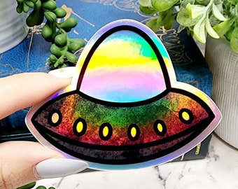 Spaceship Sticker, Alien Ship Sticker, UFO Sticker, Flying Saucer Sticker, Holographic Sticker, Alien Sticker, Science Fiction Sticker