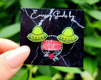 Glowing Alien Abduction Earrings, UFO Gifts, UFO Earrings, Flying Saucer, Alien Gifts, Alien Earrings, Alien Abduction Cow