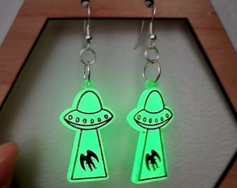 Glowing Mothman Alien Abduction Dangle Earrings, UFO Gifts, UFO Earrings, Flying Saucer, Alien Gifts, Alien Earrings, Alien Abduction Cow