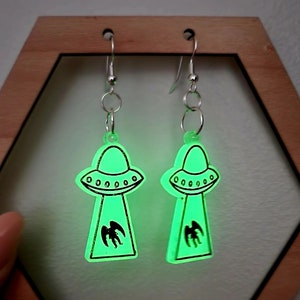 Glowing Mothman Alien Abduction Dangle Earrings, UFO Gifts, UFO Earrings, Flying Saucer, Alien Gifts, Alien Earrings, Alien Abduction Cow