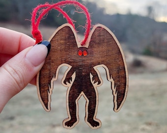 Double Sided Mothman Red Eyes Ornament, Wooden Ornament, Geek Ornament, Nerd Ornament, Cryptid Gift, Engraved Ornament, Cryptid Core