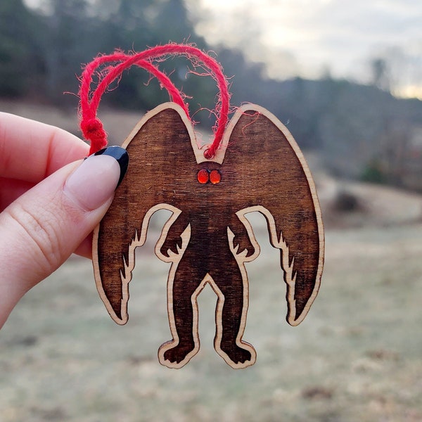 Double Sided Mothman Red Eyes Ornament, Wooden Ornament, Geek Ornament, Nerd Ornament, Cryptid Gift, Engraved Ornament, Cryptid Core