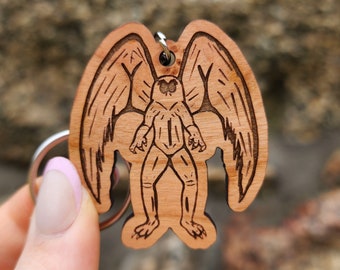 Buff Mothman Keychain, Cryptid Keychain, Mothman Gifts, Cryptid Gift, Mothman Accessories, Cryptid Lore, Cryptid Art, Cryptozoology