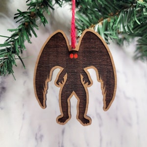 Mothman Red Eyes Ornament, Wooden Ornament, Geek Ornament, Nerd Ornament, Cryptid Gift, Engraved Ornament, Cryptid Core, Stocking Stuffer