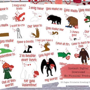 Cryptid Valentines, Printable Cards, Printable Valentines, Valentines Cards, Monster Valentine, Cryptid Holiday Card, Cryptozoology