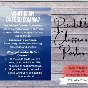 Oxford Comma Classroom Poster, English Class Poster, Reading Classroom, Writing Poster, Teacher Poster, Classroom Printables