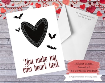 Afdrukbare Emo Valentijnsdag kaart, schedel Valentijnskaart, schedel kaart, Goth Valentijnsdag kaart, afdrukbare gotische Valentijn, donkere Valentijn