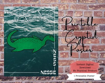 Loch Ness Monster Printable Poster, Nessie Portrait, Nessie Art Print, Nessie Wall Art, Cryptid Art Prints, Cryptid Wall Art, Cryptid Decor