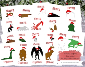 Könnte beinhalten: Zwanzig druckbare Grußkarten mit verschiedenen Kryptiden, die Weihnachtsmützen tragen. Die Karten haben einen weißen Hintergrund mit rotem Text, der "Merry" und "Cryptmas!" sagt.