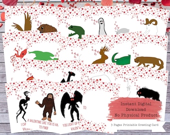Cryptid Valentines, Printable Class Valentines, Monster Valentine, Mothman Valentine, Classroom Valentine, School Valentine, Weird Valentine