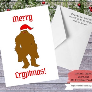Merry Cryptmas, Bigfoot Christmas, Bigfoot Card, Bigfoot Gifts, Bigfoot Printable, Printable Cards, Cryptid Christmas, Cryptid Cards