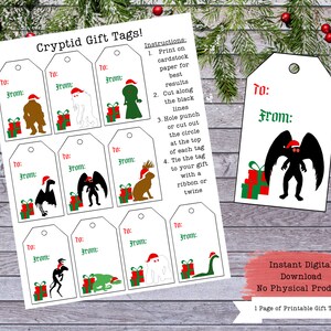 Puede incluir: Etiquetas de regalo imprimibles con ilustraciones de varios cr&iacute;ptidos, incluyendo el Mothman, el Diablo de Jersey y el monstruo del Lago Ness. Las etiquetas est&aacute;n dise&ntilde;adas con un tema navide&ntilde;o festivo, con colores rojo y verde y gorros de Pap&aacute; Noel. El texto en las etiquetas dice "Para:" y "De:".