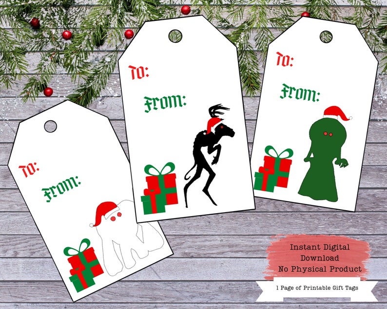 Puede incluir: Tres etiquetas de regalo imprimibles con una criatura en blanco y negro con un gorro de Pap&aacute; Noel rojo, una criatura verde con un gorro de Pap&aacute; Noel rojo y una criatura blanca con un gorro de Pap&aacute; Noel rojo. Cada etiqueta tiene las palabras "Para:" y "De:" impresas en ella. El texto "Descarga digital instant&aacute;nea Sin producto f&iacute;sico 1 p&aacute;gina de etiquetas de regalo imprimibles" est&aacute; impreso en la parte inferior de la imagen.