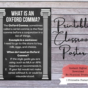 Pode incluir: Cartaz de quadro-negro com texto branco que explica a vírgula de Oxford, também conhecida como vírgula serial. O cartaz tem uma ilustração em preto e branco de duas colunas de cada lado do texto. O texto inclui a frase "Cartaz de sala de aula imprimível".